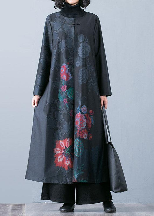 Fine Black Prints Overcoat Long Jackets Fall Trench Coats Chinese Button
