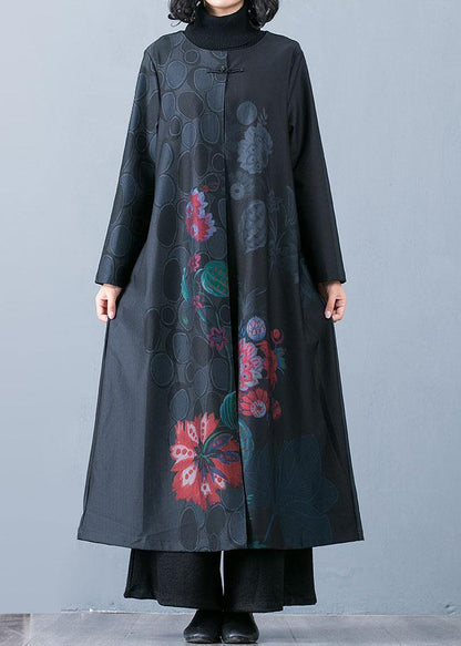 Fine Black Prints Overcoat Long Jackets Fall Trench Coats Chinese Button