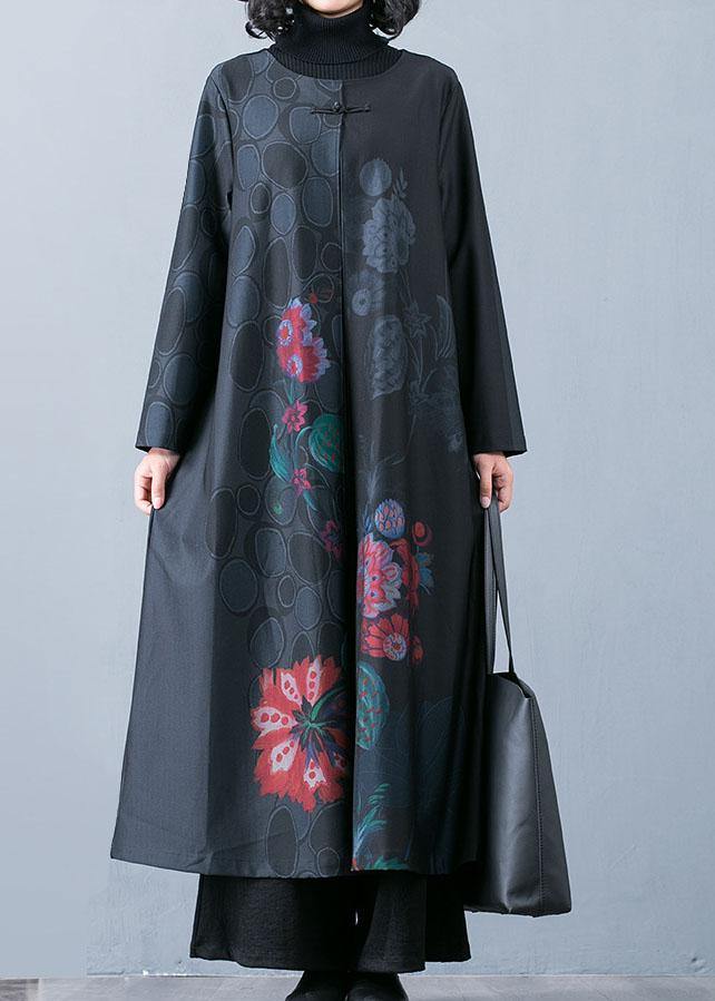 Fine Black Prints Overcoat Long Jackets Fall Trench Coats Chinese Button