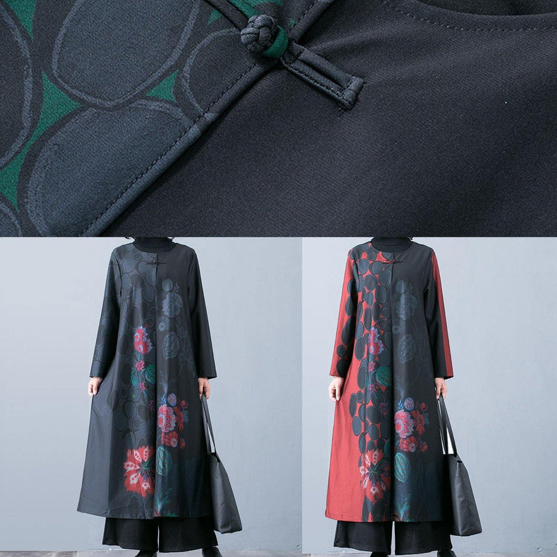 Fine Black Prints Overcoat Long Jackets Fall Trench Coats Chinese Button
