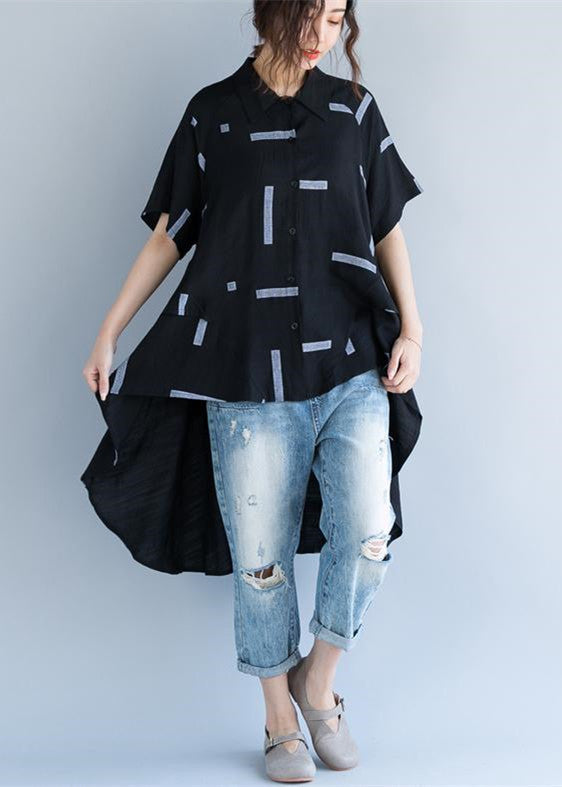 Fine Black Pure Cotton Blouse Oversize Traveling Blouse Fine Low High Design Short Sleeve Cotton Blouses