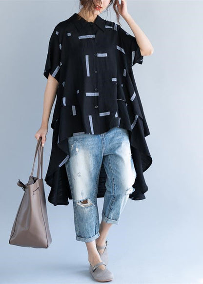 Fine Black Pure Cotton Blouse Oversize Traveling Blouse Fine Low High Design Short Sleeve Cotton Blouses