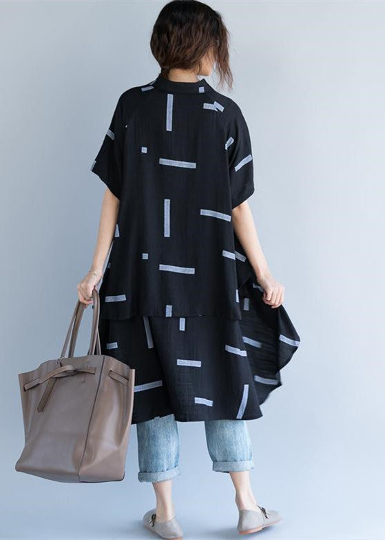 Fine Black Pure Cotton Blouse Oversize Traveling Blouse Fine Low High Design Short Sleeve Cotton Blouses