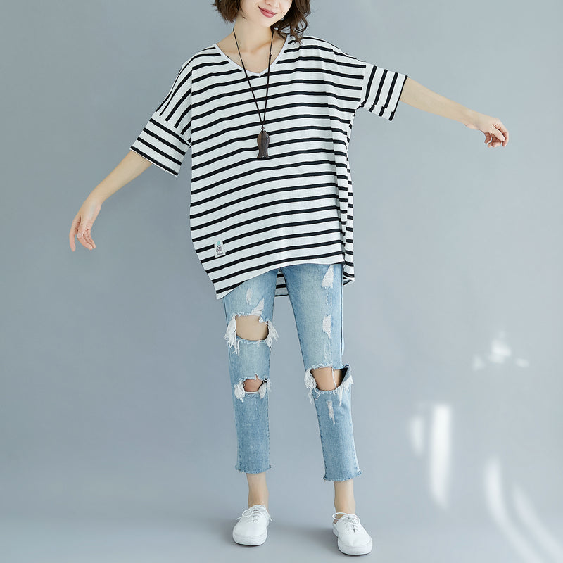 Fine Black Pure Cotton Tops Clothing Blouses Striped V Neck Cotton Clothing Tops