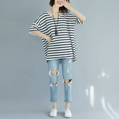 Fine Black Pure Cotton Tops Clothing Blouses Striped V Neck Cotton Clothing Tops