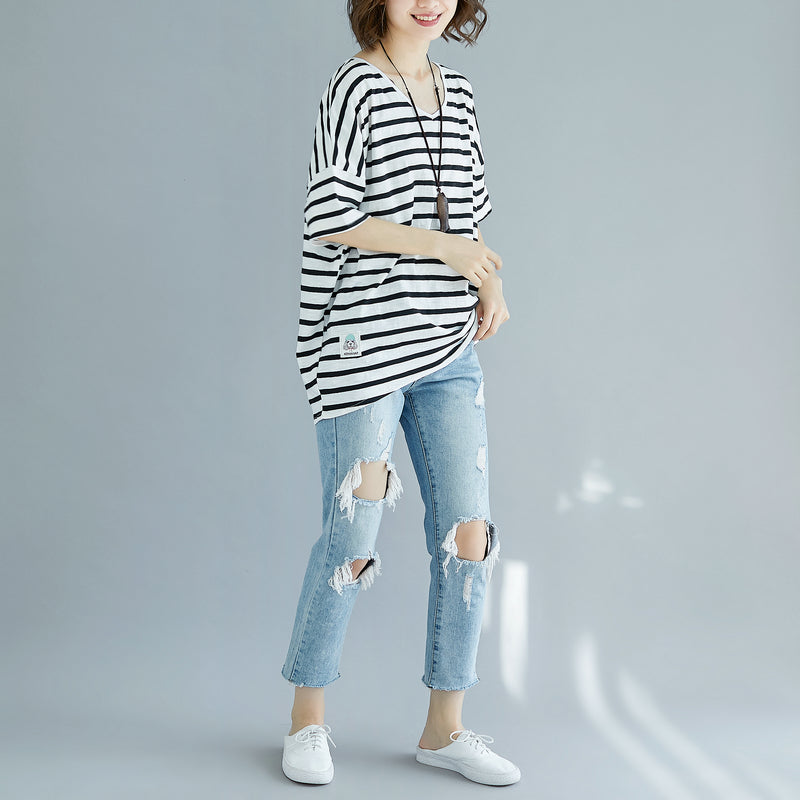 Fine Black Pure Cotton Tops Clothing Blouses Striped V Neck Cotton Clothing Tops