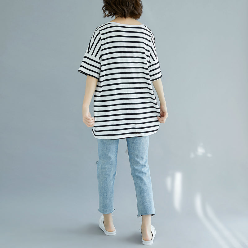 Fine Black Pure Cotton Tops Clothing Blouses Striped V Neck Cotton Clothing Tops