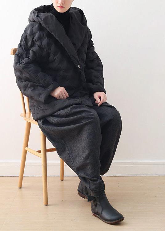 Fine Black Shortgoose Down Coat Oversize Hooded Parka Tie Waistwarm Jackets