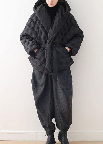 Fine Black Shortgoose Down Coat Oversize Hooded Parka Tie Waistwarm Jackets