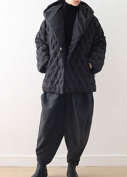 Fine Black Shortgoose Down Coat Oversize Hooded Parka Tie Waistwarm Jackets