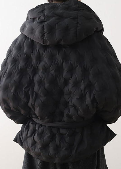 Fine Black Shortgoose Down Coat Oversize Hooded Parka Tie Waistwarm Jackets