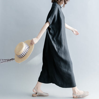 Fine Black Silk Linen Dresses Oversize Stand Baggy Dresses Caftans Short Sleeve Patchwork Gown