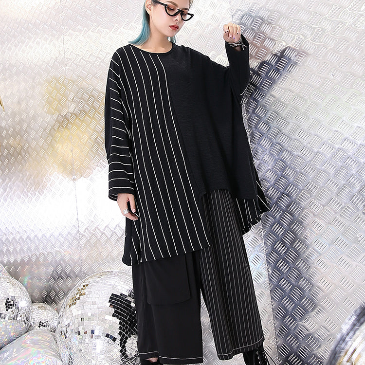 Fine Black Striped Blouse Oversized O Neck Asymmetrical Design Tops