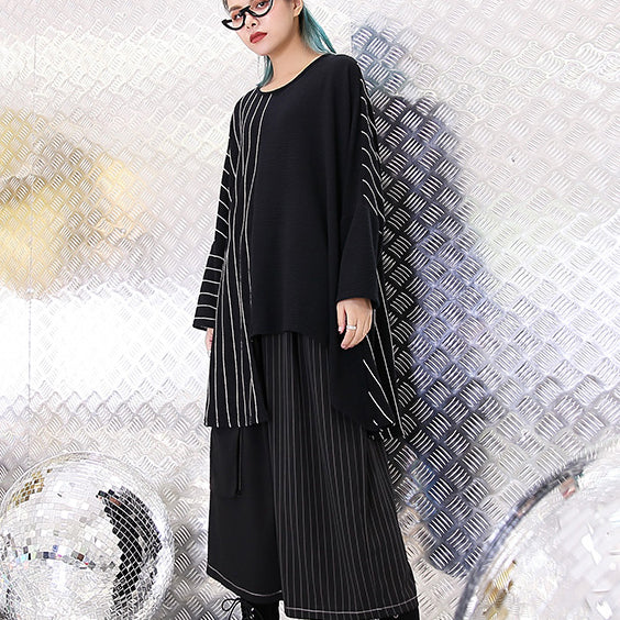 Fine Black Striped Blouse Oversized O Neck Asymmetrical Design Tops