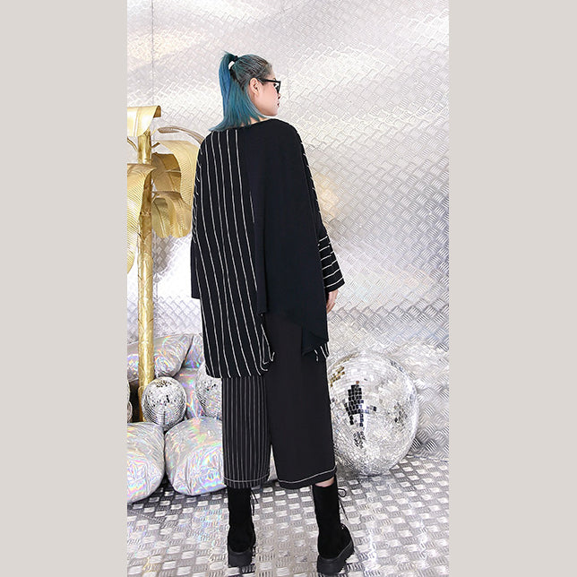 Fine Black Striped Blouse Oversized O Neck Asymmetrical Design Tops