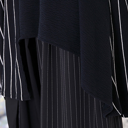 Fine Black Striped Blouse Oversized O Neck Asymmetrical Design Tops