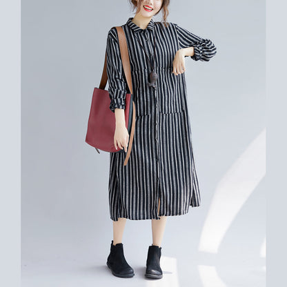 Fine Black Striped Natural Cotton Linen Shirt Dress Turn-down Collar Side Open Fine Long Sleeve Pockets Maxi Shirt Dresses