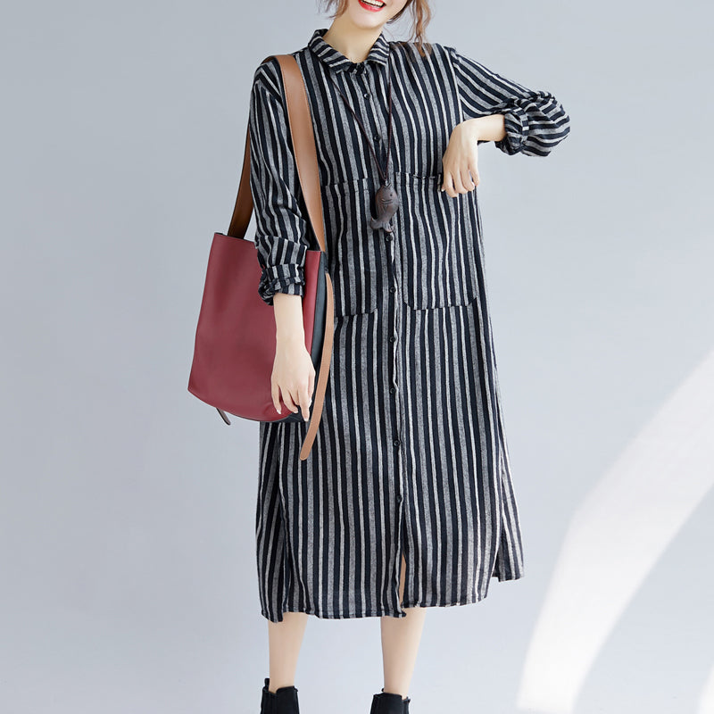 Fine Black Striped Natural Cotton Linen Shirt Dress Turn-down Collar Side Open Fine Long Sleeve Pockets Maxi Shirt Dresses