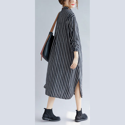 Fine Black Striped Natural Cotton Linen Shirt Dress Turn-down Collar Side Open Fine Long Sleeve Pockets Maxi Shirt Dresses