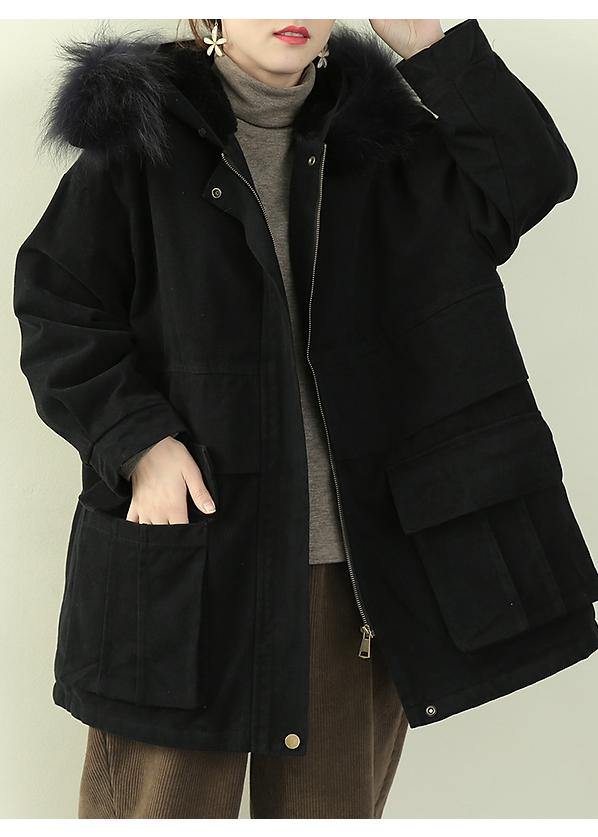 Fine Black Thick Overcoat Down Jacket Faux Fur Collar Winter Coats