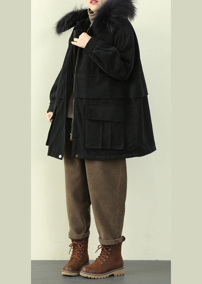 Fine Black Thick Overcoat Down Jacket Faux Fur Collar Winter Coats