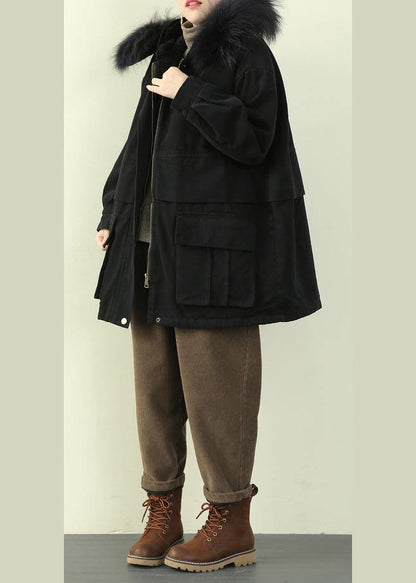 Fine Black Thick Overcoat Down Jacket Faux Fur Collar Winter Coats