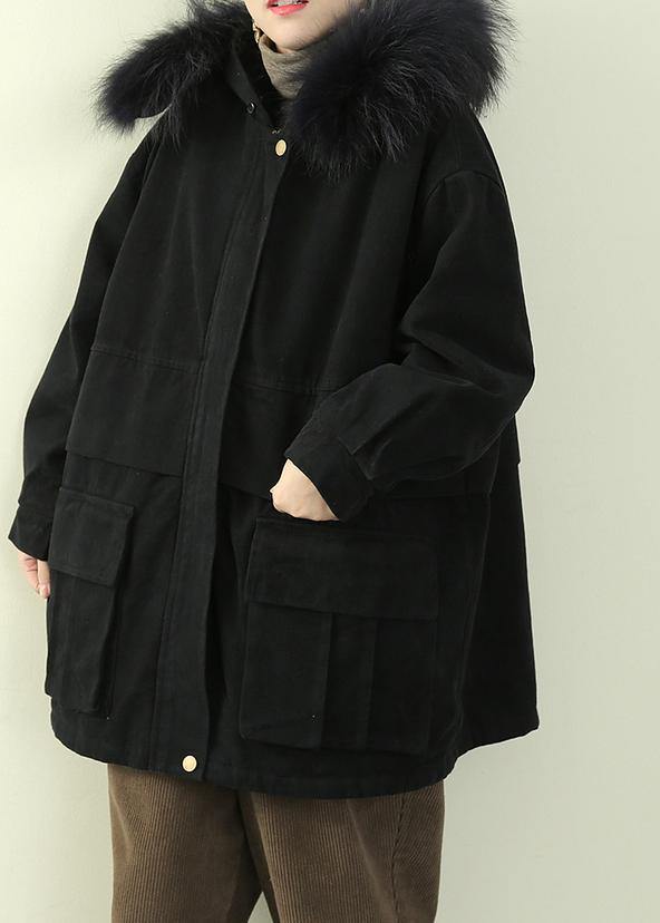 Fine Black Thick Overcoat Down Jacket Faux Fur Collar Winter Coats
