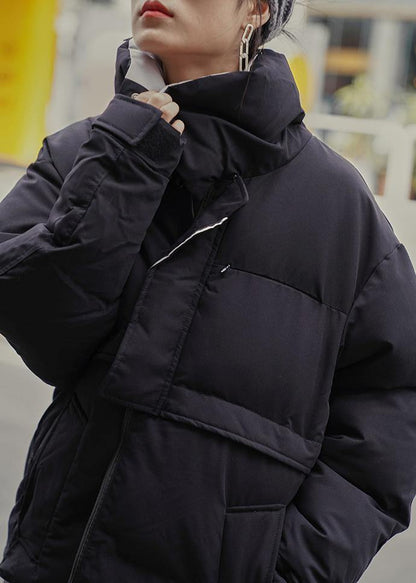 Fine Black Winter Outwear Loose Fitting Jackets Stand Collar Patchwork Outwear