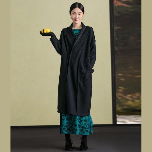 Fine Black Wool Coat for Woman Clothing Embroidery Winter Coat Long Sleeve Woolen Outwear