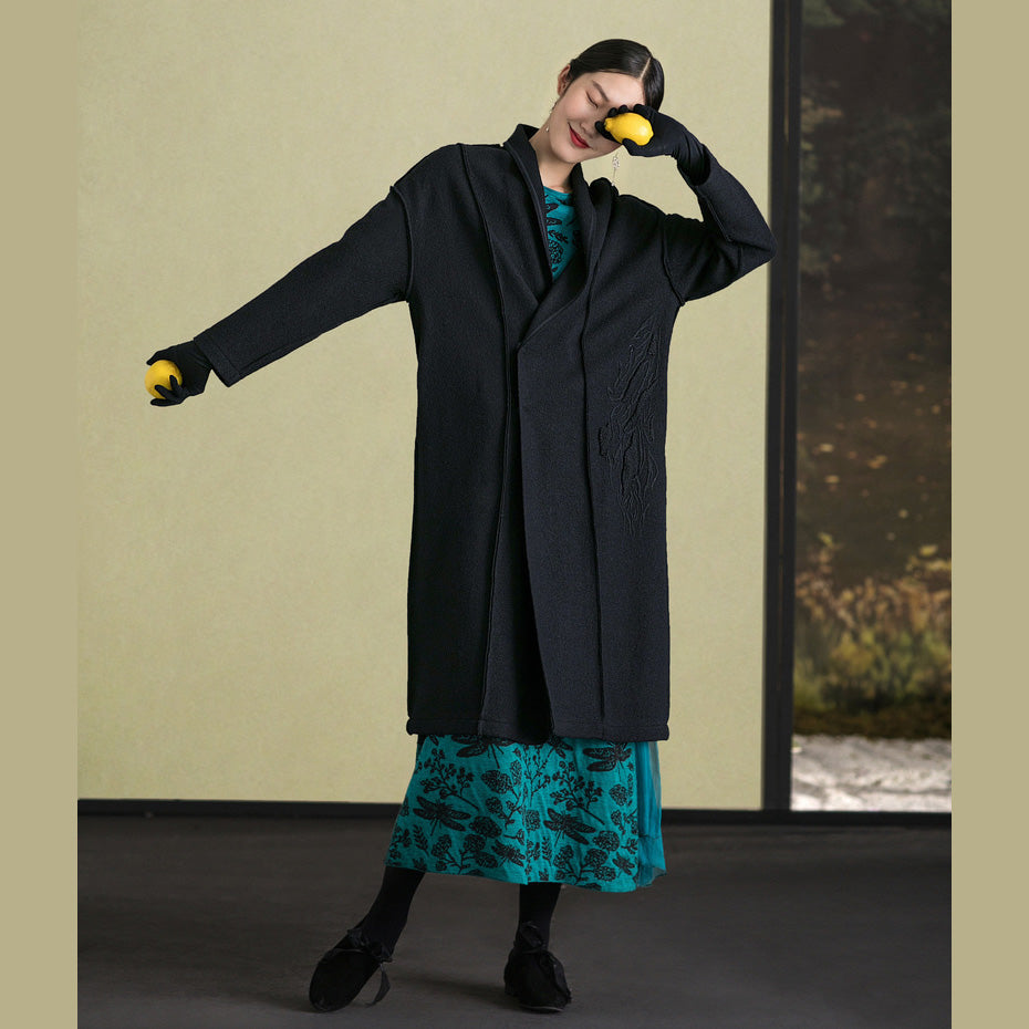 Fine Black Wool Coat for Woman Clothing Embroidery Winter Coat Long Sleeve Woolen Outwear