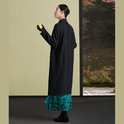Fine Black Wool Coat for Woman Clothing Embroidery Winter Coat Long Sleeve Woolen Outwear