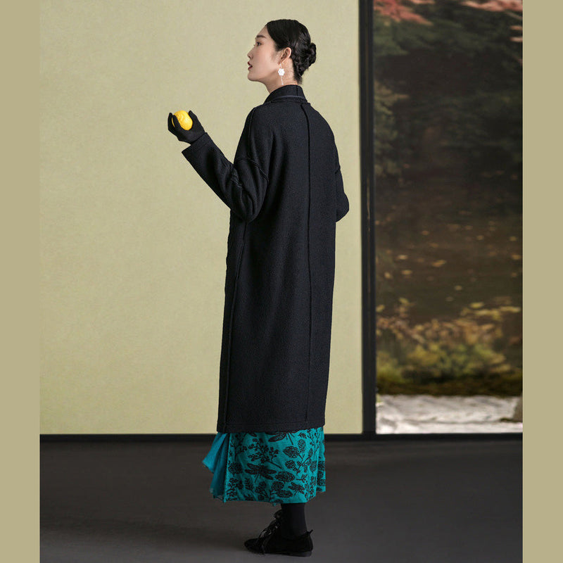 Fine Black Wool Coat for Woman Clothing Embroidery Winter Coat Long Sleeve Woolen Outwear