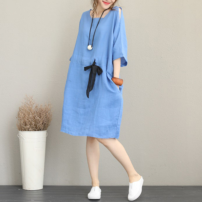 Fine Blue Midi-length Linen Dress Oversize Linen Clothing Dress Fine Waist Drawstring Bracelet Sleeved Knee Dresses