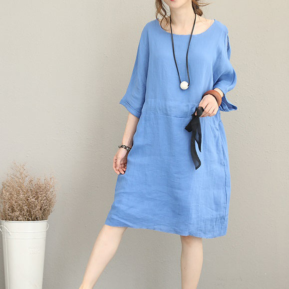 Fine Blue Midi-length Linen Dress Oversize Linen Clothing Dress Fine Waist Drawstring Bracelet Sleeved Knee Dresses