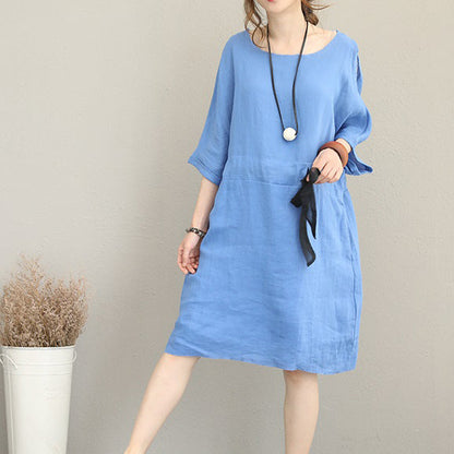 Fine Blue Midi-length Linen Dress Oversize Linen Clothing Dress Fine Waist Drawstring Bracelet Sleeved Knee Dresses