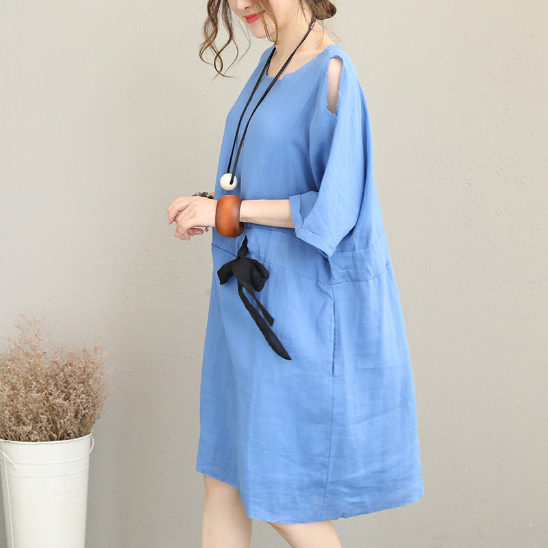 Fine Blue Midi-length Linen Dress Oversize Linen Clothing Dress Fine Waist Drawstring Bracelet Sleeved Knee Dresses
