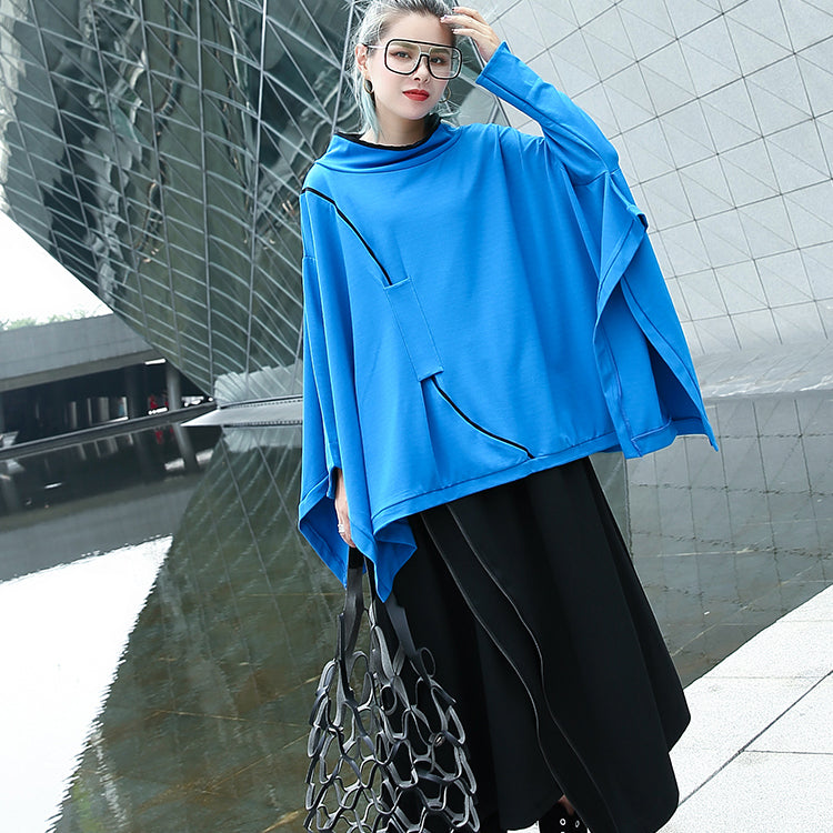 Fine Blue Midi Pullover Stand Collar Tops Batwing Sleeve Asymmetrical Design Clothing Tops
