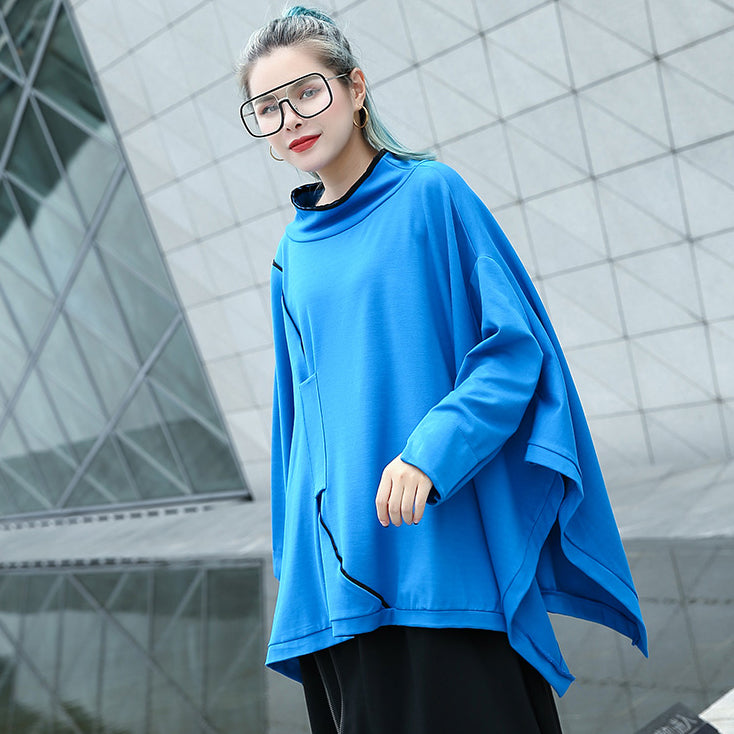Fine Blue Midi Pullover Stand Collar Tops Batwing Sleeve Asymmetrical Design Clothing Tops