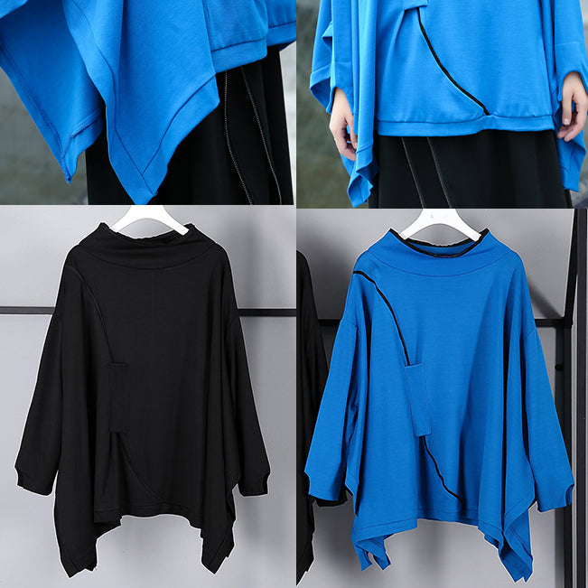 Fine Blue Midi Pullover Stand Collar Tops Batwing Sleeve Asymmetrical Design Clothing Tops