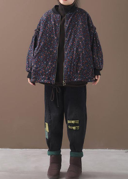 Fine Blue Coats for Loose Fitting Winter Jacket Zippered Outwear Patchwork O Neck