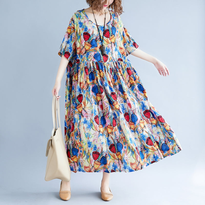Fine Blue Linen Dresses Loose Fitting Short Sleeve Print Cotton Maxi Dress Fine O Neck Caftans