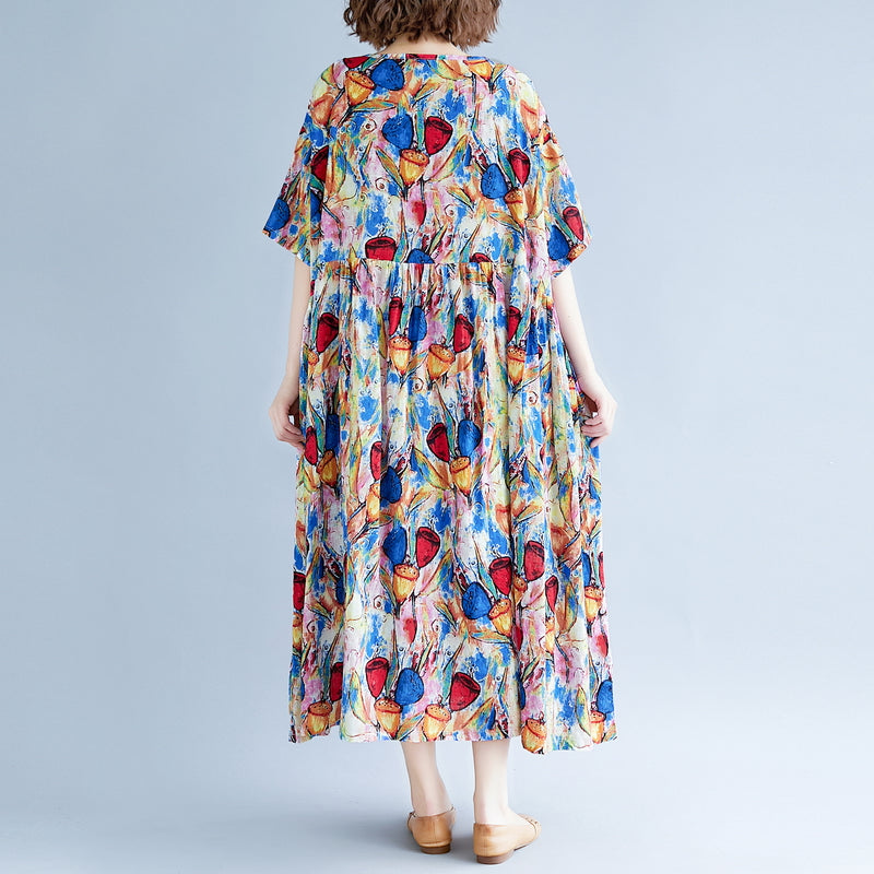 Fine Blue Linen Dresses Loose Fitting Short Sleeve Print Cotton Maxi Dress Fine O Neck Caftans