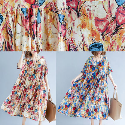 Fine Blue Linen Dresses Loose Fitting Short Sleeve Print Cotton Maxi Dress Fine O Neck Caftans