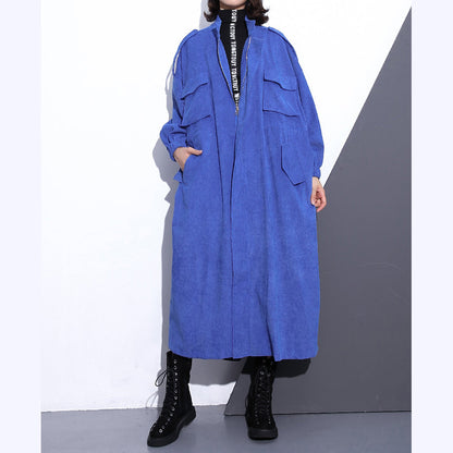 Fine Blue Long Coat Stand Zippered Trench Coat Boutique Long Sleeve Pockets Baggy Long Coats