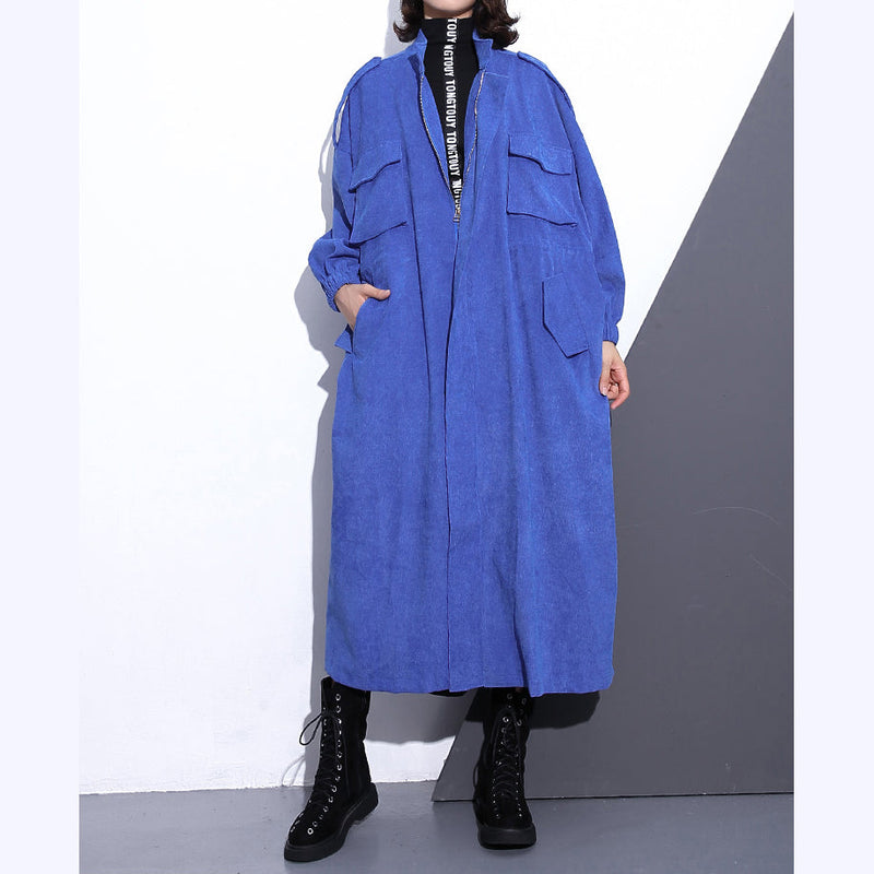 Fine Blue Long Coat Stand Zippered Trench Coat Boutique Long Sleeve Pockets Baggy Long Coats