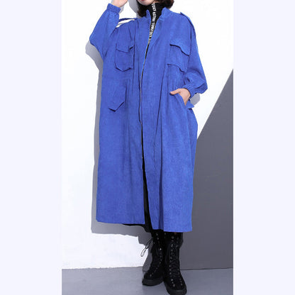 Fine Blue Long Coat Stand Zippered Trench Coat Boutique Long Sleeve Pockets Baggy Long Coats