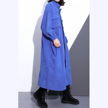 Fine Blue Long Coat Stand Zippered Trench Coat Boutique Long Sleeve Pockets Baggy Long Coats