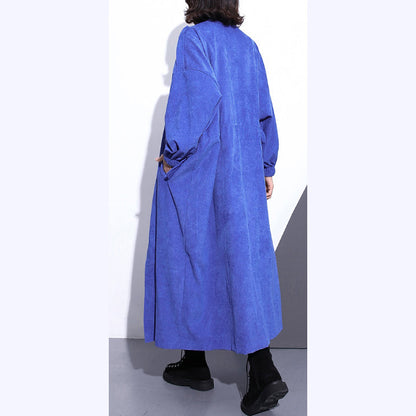 Fine Blue Long Coat Stand Zippered Trench Coat Boutique Long Sleeve Pockets Baggy Long Coats