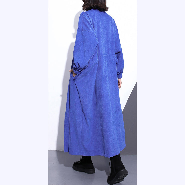 Fine Blue Long Coat Stand Zippered Trench Coat Boutique Long Sleeve Pockets Baggy Long Coats