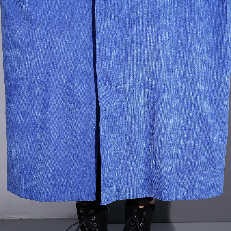 Fine Blue Long Coat Stand Zippered Trench Coat Boutique Long Sleeve Pockets Baggy Long Coats